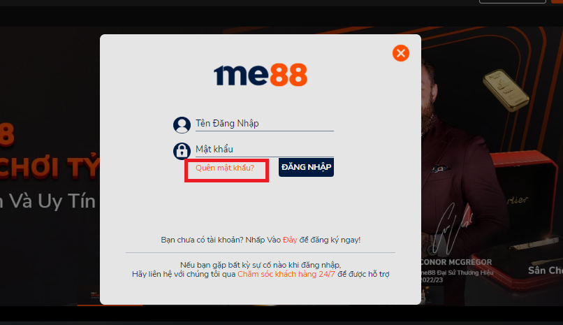 Vào mục đăng nhập tại me88, chọn quên mật khẩu